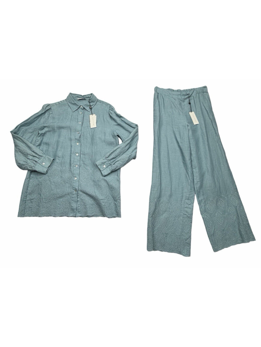 Elie Tahari Lesley Shirt & Pant 2 Piece Set Embroidered Linen Blue Breeze Size M - Picture 1 of 11
